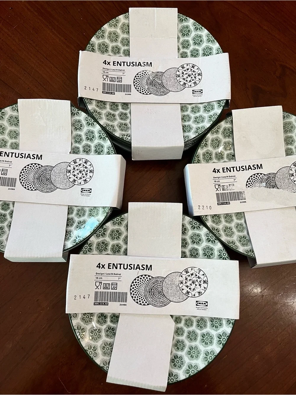 NEW Set of 8 IKEA Entusiasm Green & White Patterned Side Plates Discontinued NWT